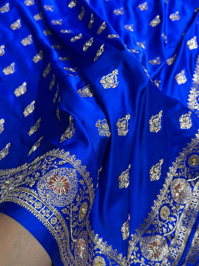 Banarasi Satin Katan Saree With Aari Zardozi Work Boota in Royal blue Shades BSK98