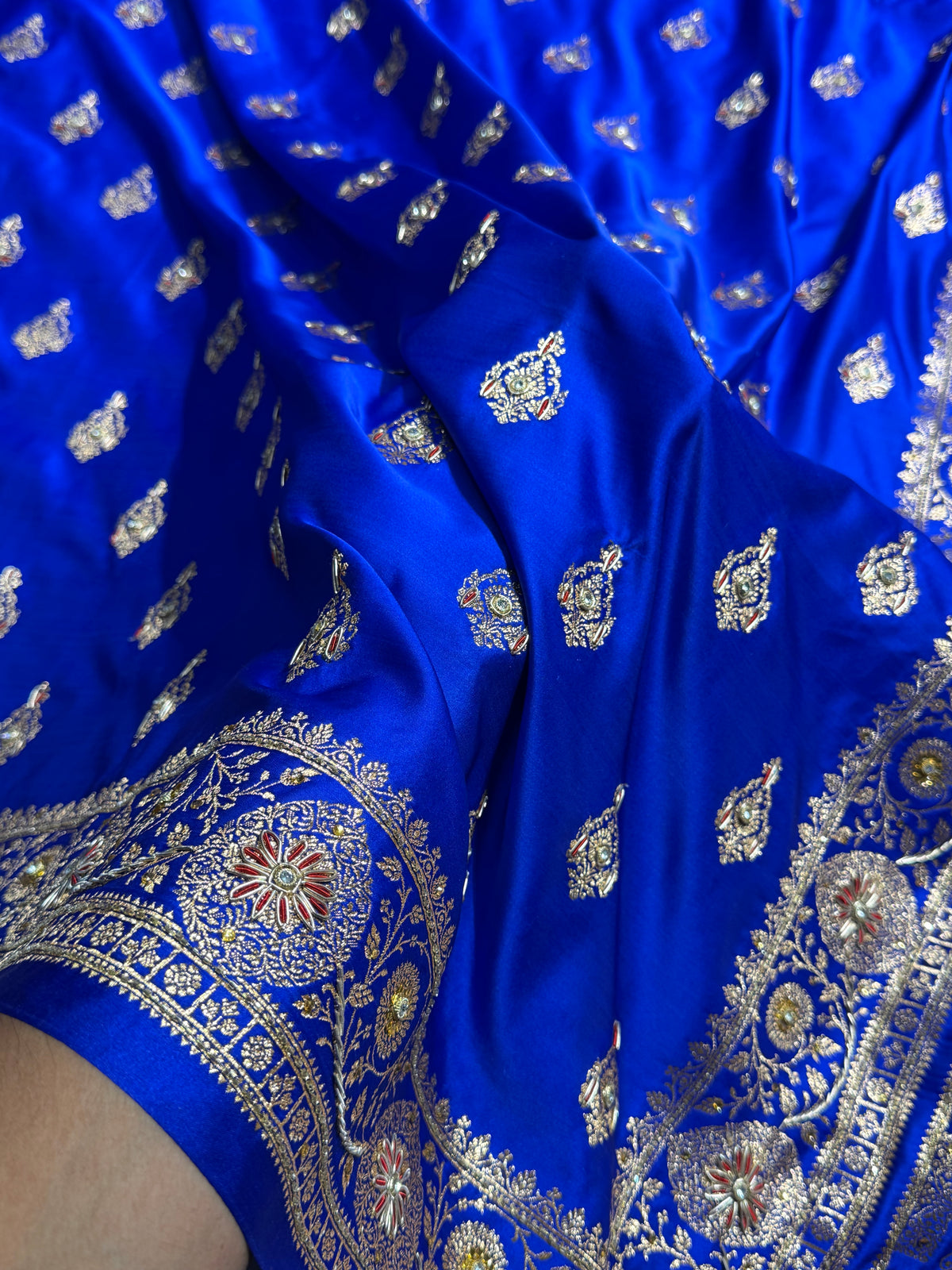 Banarasi Satin Katan Saree With Aari Zardozi Work Boota in Royal blue Shades BSK98