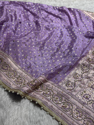 Lavender Shades Border Crepe Silky Katan With Ari Zardozi & Gotta Patti Work  Banarasi Saree BCSKGP-04