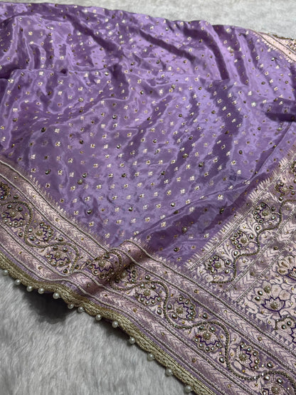 Lavender Shades Border Crepe Silky Katan With Ari Zardozi & Gotta Patti Work  Banarasi Saree BCSKGP-04
