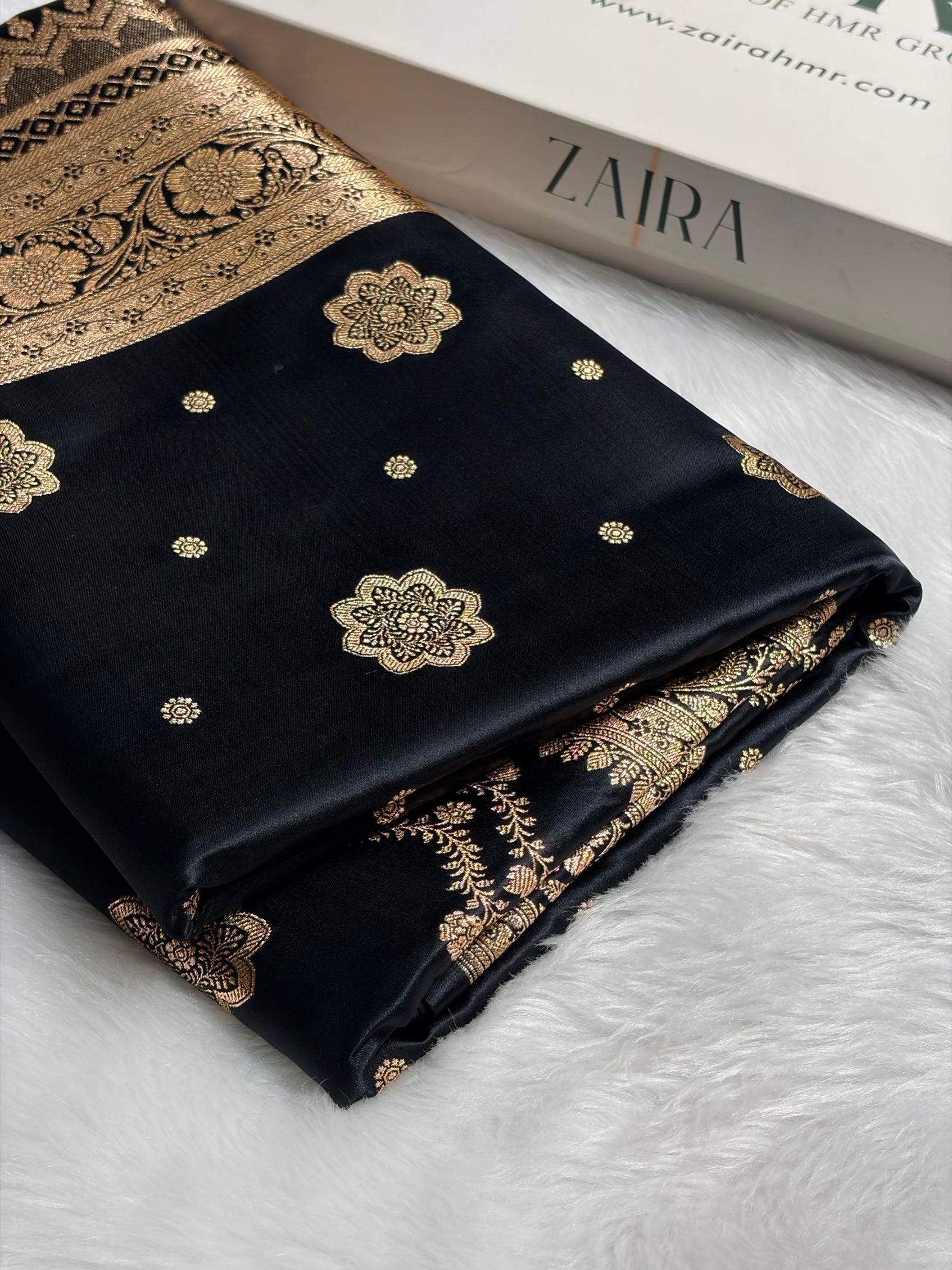 Banarasi Satin Katan Saree Floral Boota Pattern in Black Shades SK146