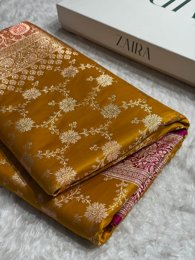 Banarasi Satin Katan Saree in Contrast Mustard / Rani Shades SK132