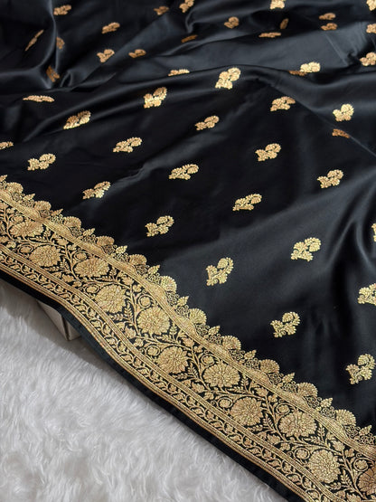 Banarasi Black Shades Floral Booti Motif Satin Katan Silk saree SK61