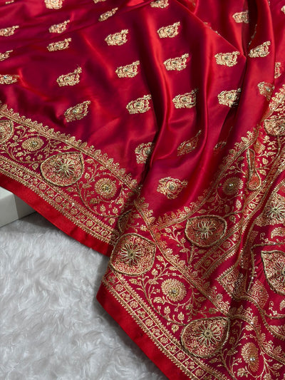 Banarasi Satin Katan Saree With Aari Zardozi Work Boota in Cross Red Shades BSK98