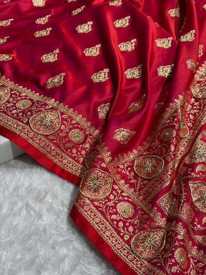 Banarasi Satin Katan Saree With Aari Zardozi Work Boota in Cross Red Shades BSK98