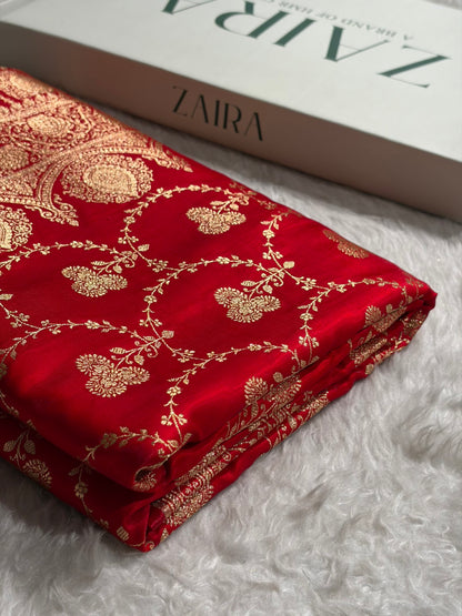 Banarasi Satin Silk Saree Jaal in Red Shades SS23