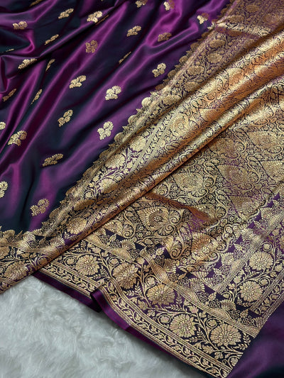 Wine Shades Floral Booti Motif Satin Katan Silk saree SK61