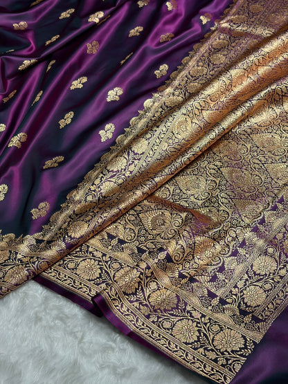 Wine Shades Floral Booti Motif Satin Katan Silk saree SK61