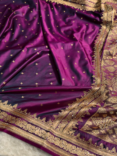 Wine Banarasi Swarovski Work Booti Katan Silk Saree BSKM17