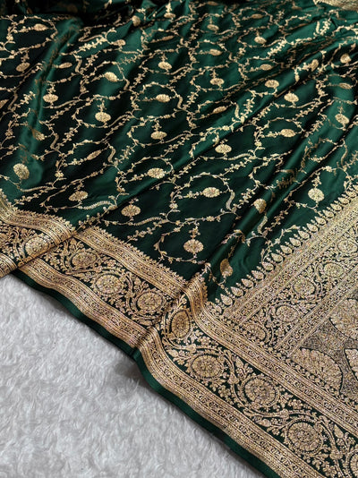 Banarasi Satin Katan Saree in Jaal Pattern Bottle Green Shades SK86