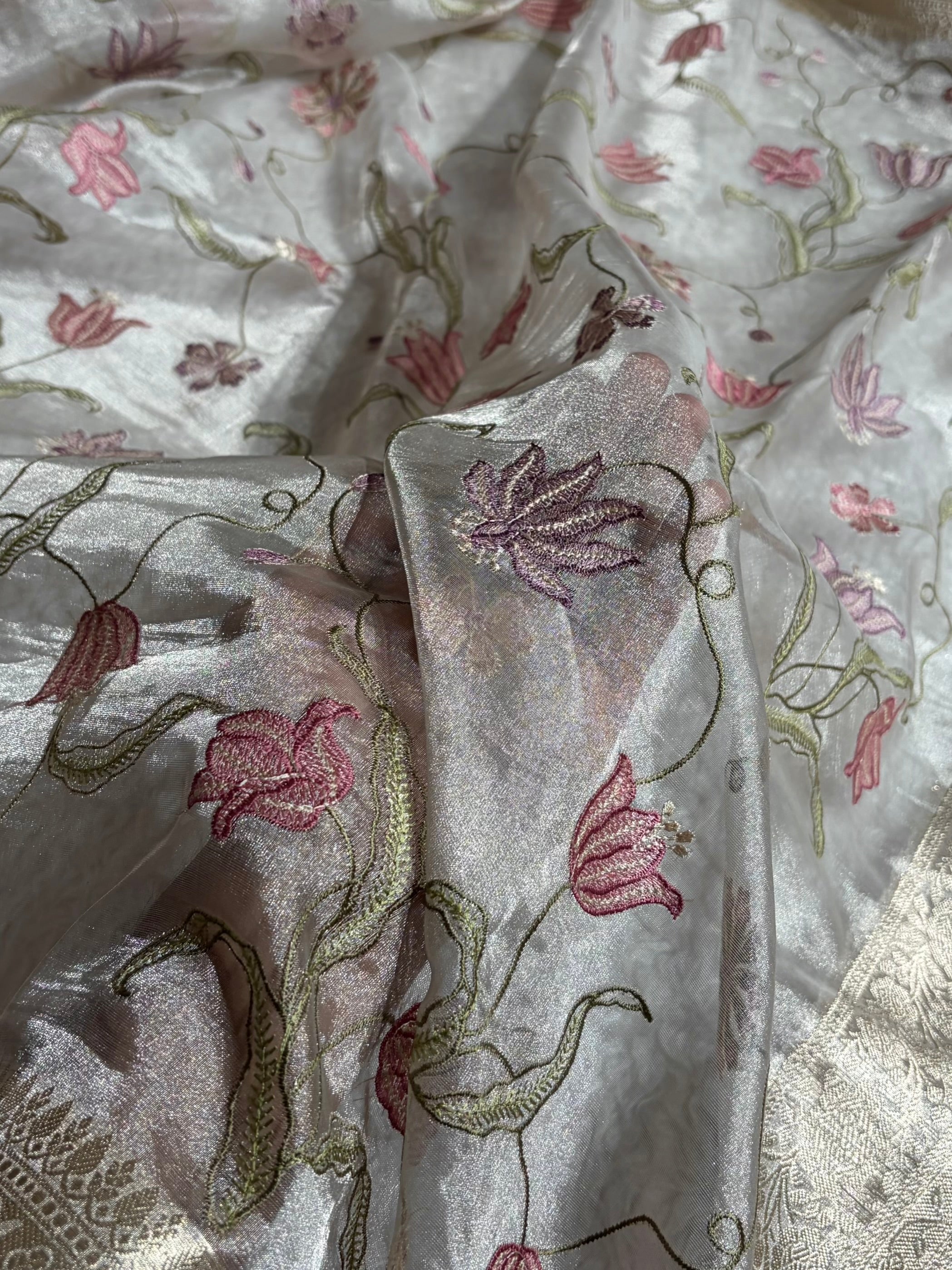 Pearl White Shades With Floral Embroidered Pure Tissue Silk Saree with Brocade Blouse PTE-18