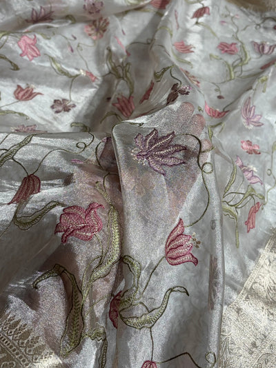 Pearl White Shades With Floral Embroidered Pure Tissue Silk Saree with Brocade Blouse PTE-18