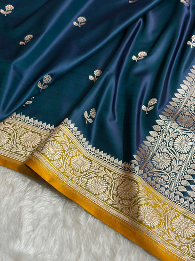 Contrast Peacock / Mustard Shades Banarasi Booti Pattern Mashru Silk Saree MSM-137