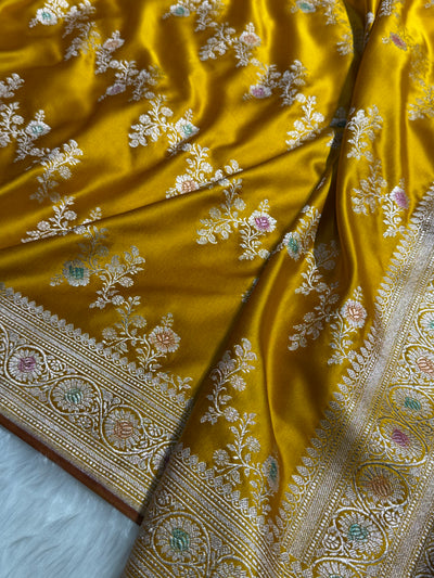 Mustard Minakari Banarasi Cross With Browm edges Mashru Silk Saree MCS01
