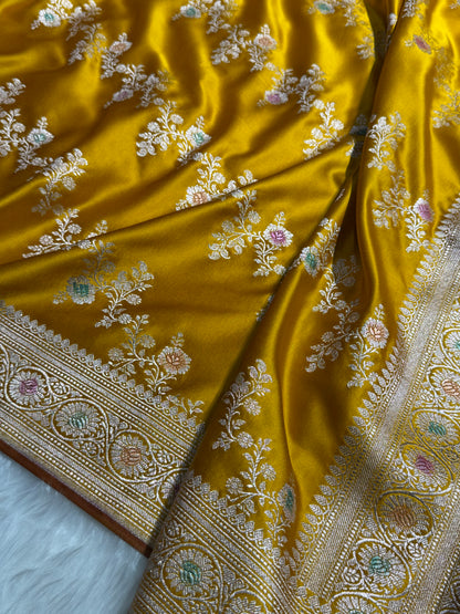 Mustard Minakari Banarasi Cross With Browm edges Mashru Silk Saree MS01