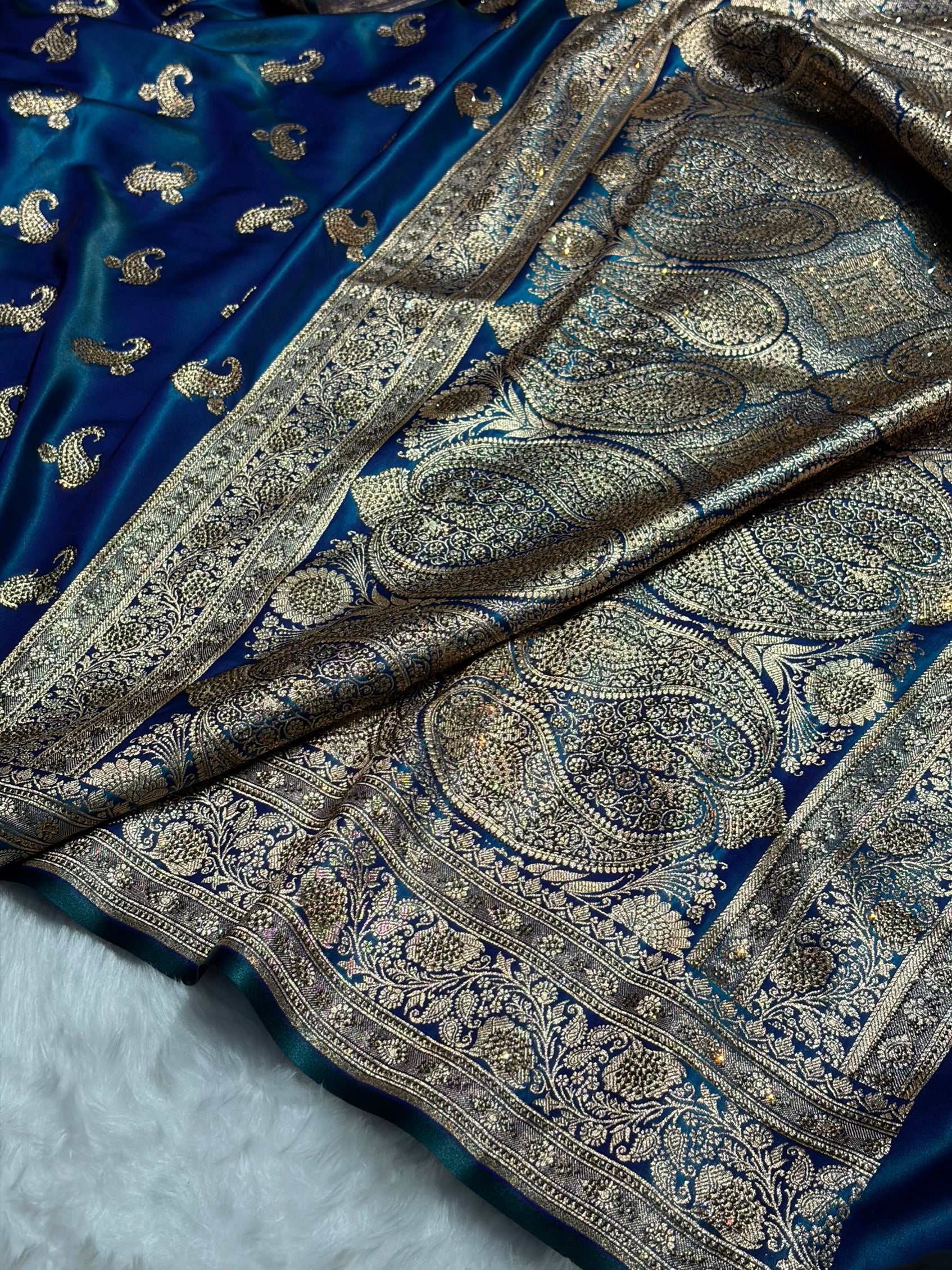 Satin Silk Saree Swarovski Work Floral Boota in Peacock Shades BSS27