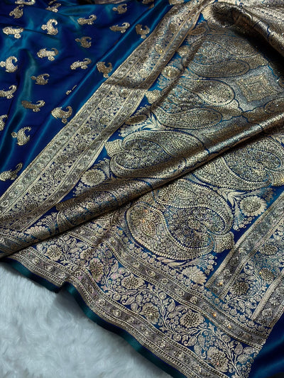 Satin Silk Saree Swarovski Work Floral Boota in Peacock Shades BSS27