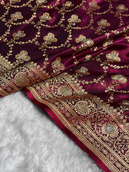 Satin Silk Saree Banarasi Swarovski Work Jaal in Wine Shades  BSS23 (R)