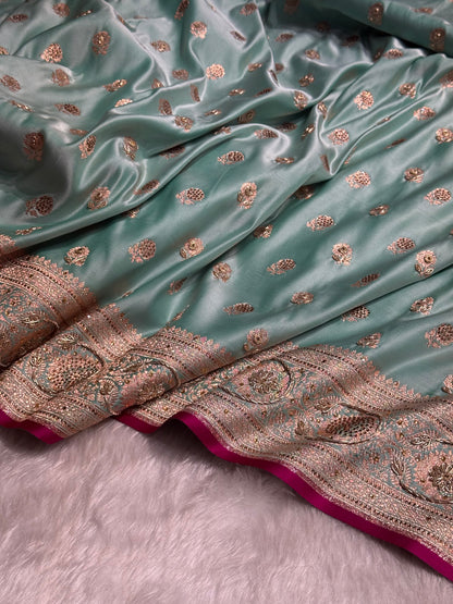 Sea Green Shades Booti Katan Silk Saree with Stone & Zardozi Work BSK12
