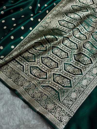 Banarasi Dark Bottle Green Shades Booti Pattern Banarasi Satin Silk Saree SS63