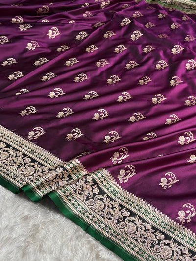 Banarasi Wine With Contrast Green Floral Border Mashru Silk Saree MSM-100