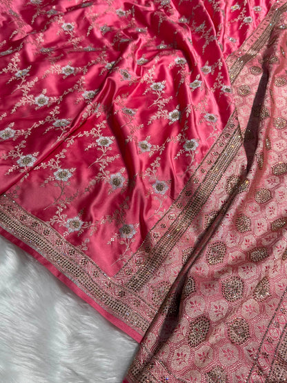 Peach Bananasi Jaal Mashru Silk Saree with Swarovski Work BMCS08