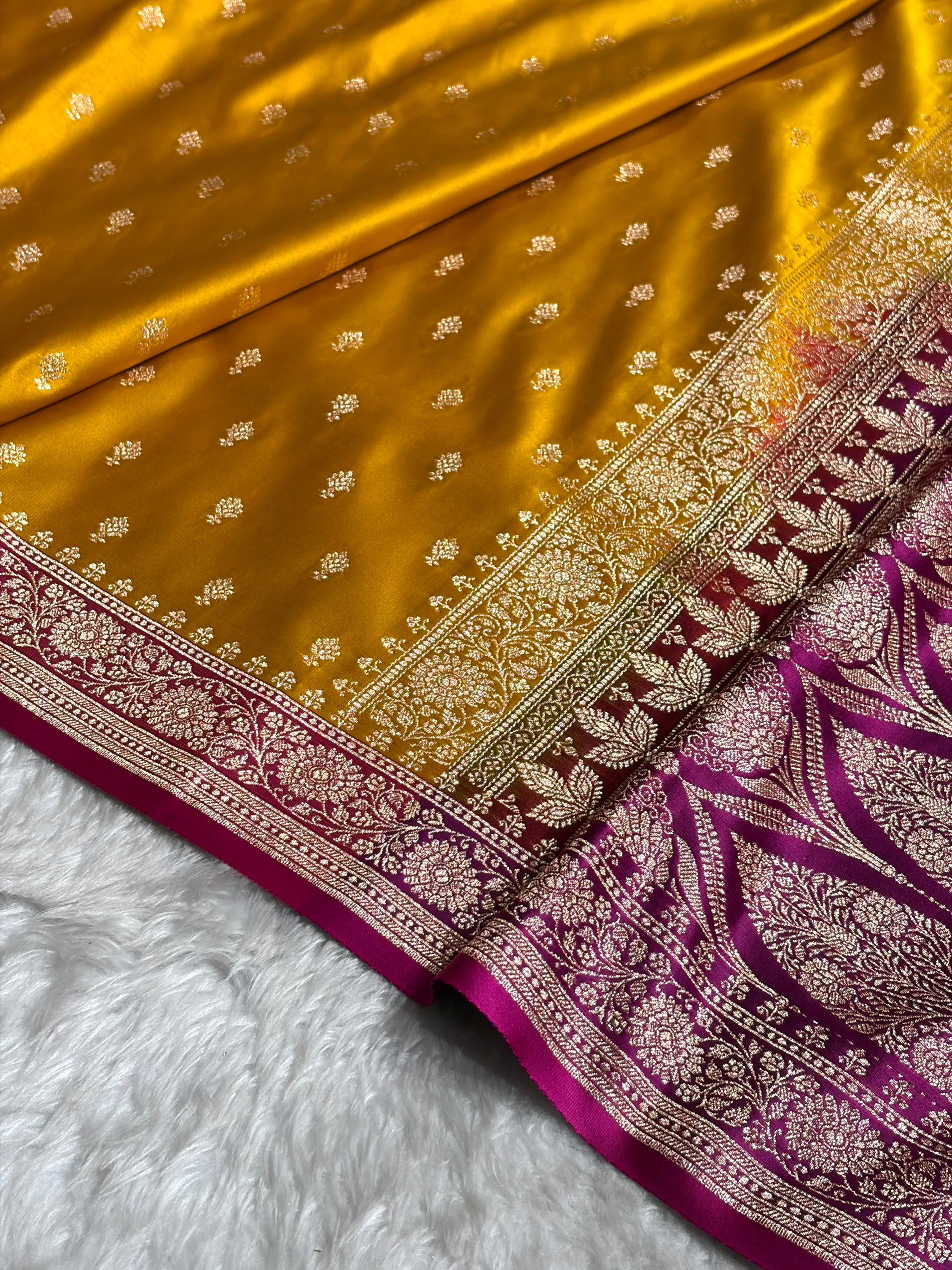 Contrast Mustard / Rani Floral Booti Banarasi Satin Katan Silk Saree SK16