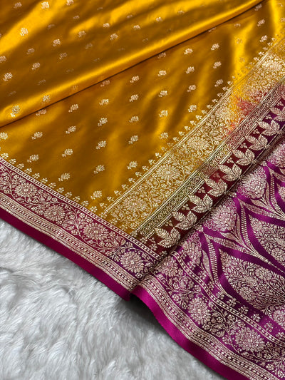 Contrast Mustard / Rani Floral Booti Banarasi Satin Katan Silk Saree SK16
