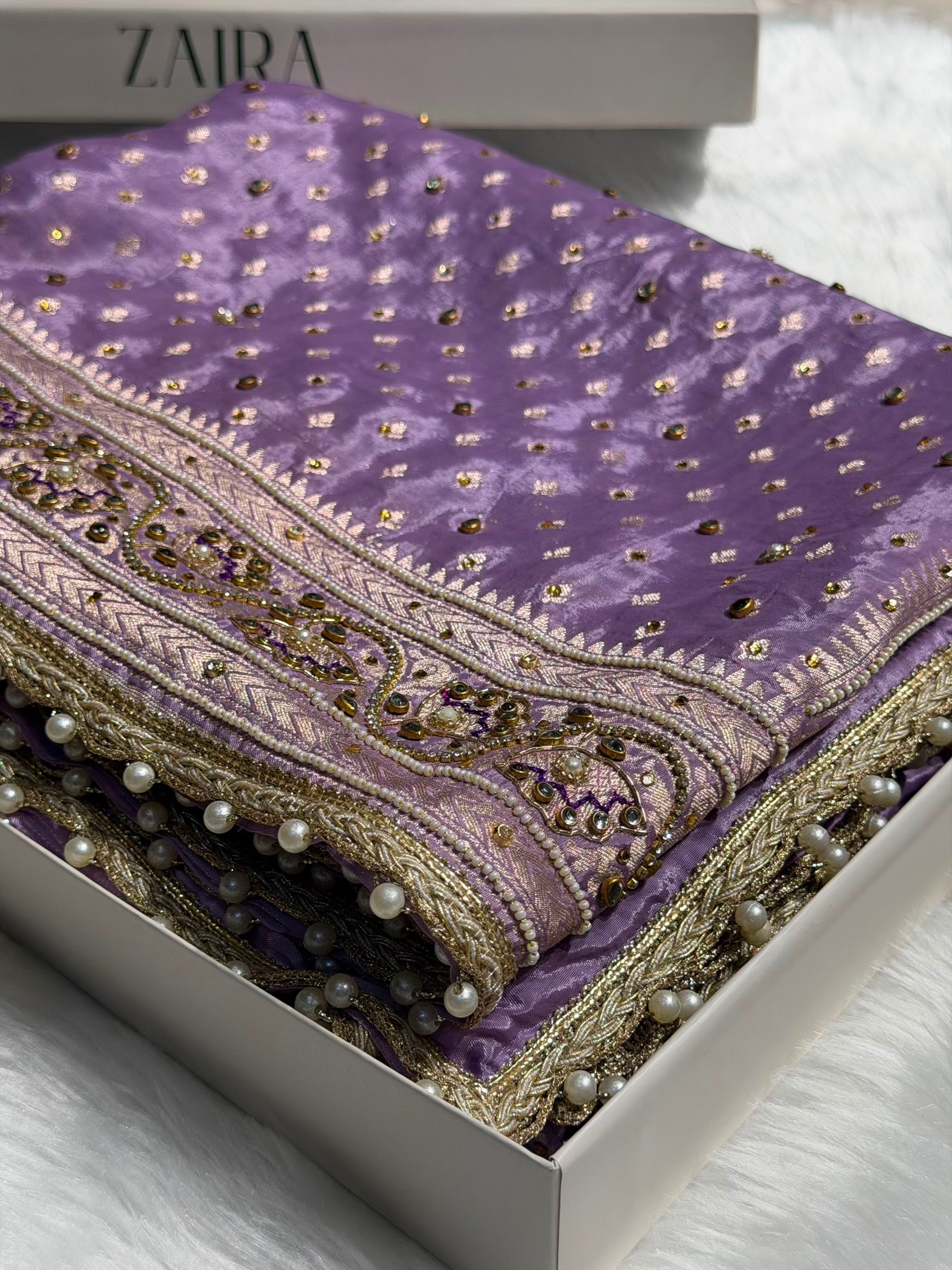 Lavender Shades Border Crepe Silky Katan With Ari Zardozi & Gotta Patti Work  Banarasi Saree BCSKGP-04