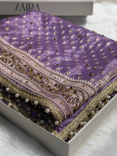 Lavender Shades Border Crepe Silky Katan With Ari Zardozi & Gotta Patti Work  Banarasi Saree BCSKGP-04