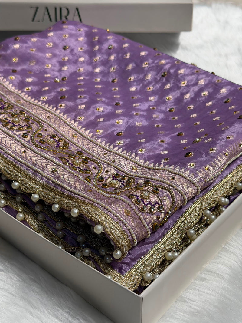 Lavender Shades Border Crepe Silky Katan With Ari Zardozi & Gotta Patti Work  Banarasi Saree BCSKGP-04