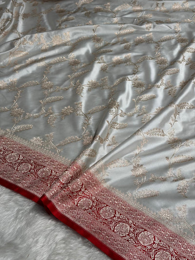 White with Red Contrast Jaal Mashru Silk Saree MCS23