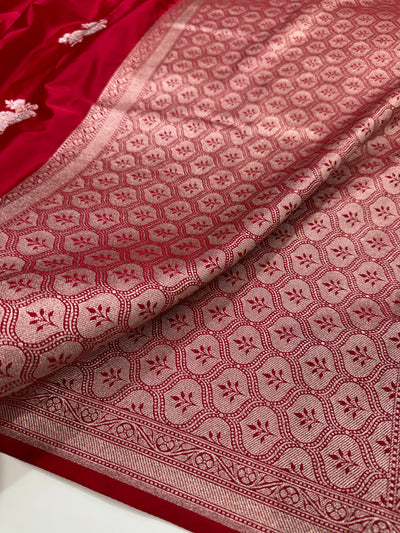 Tomato Red Sona Rupa Floral Motif Mashru Silk Saree