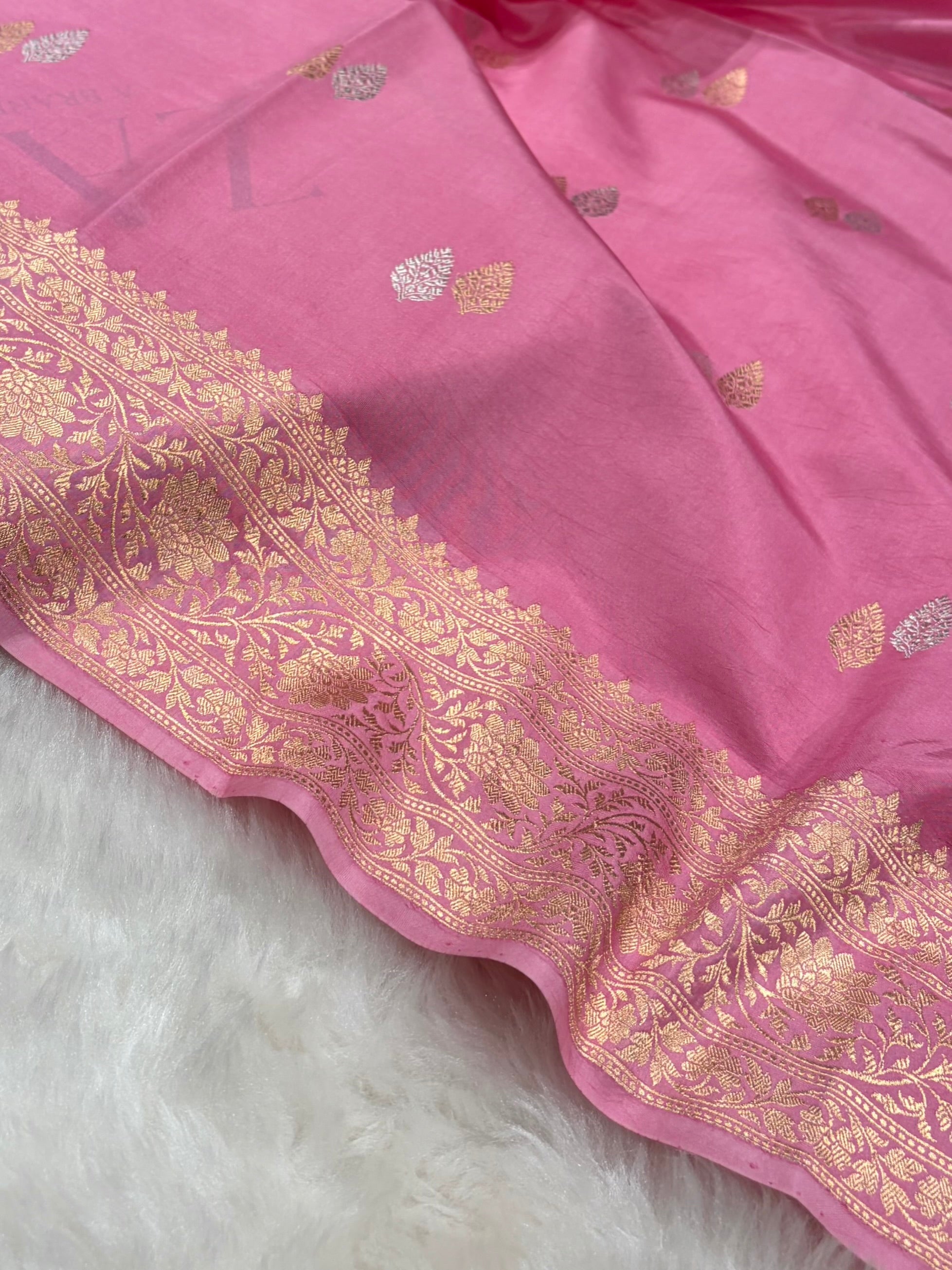 Banarasi Baby Pink Shades Boota Handwoven Pure Katan Paper Silk RM-76