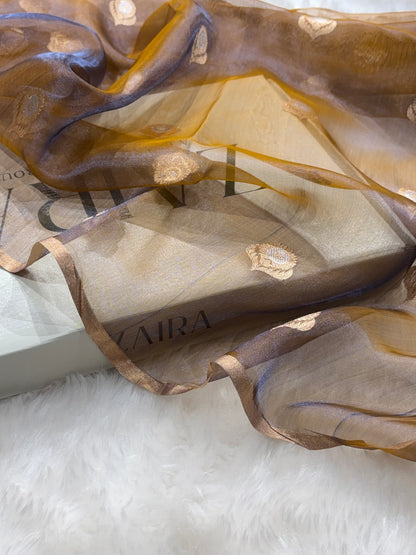 Cross Mustard Blue Bananasi Floral Shades Pure Tissue Silk Saree PT-36