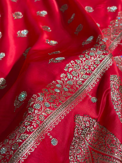 Banarasi Cross Red Floral Booti With Swarovski Work Katan Silk Saree BSK23