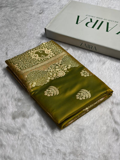 Mehendi Green Unique Boota Pattern Satin Katan Silk Saree SK70