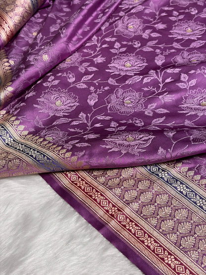Dark Lavender Shades Minakari Tanchoi Floral Booti Mashru Silk Saree MS59