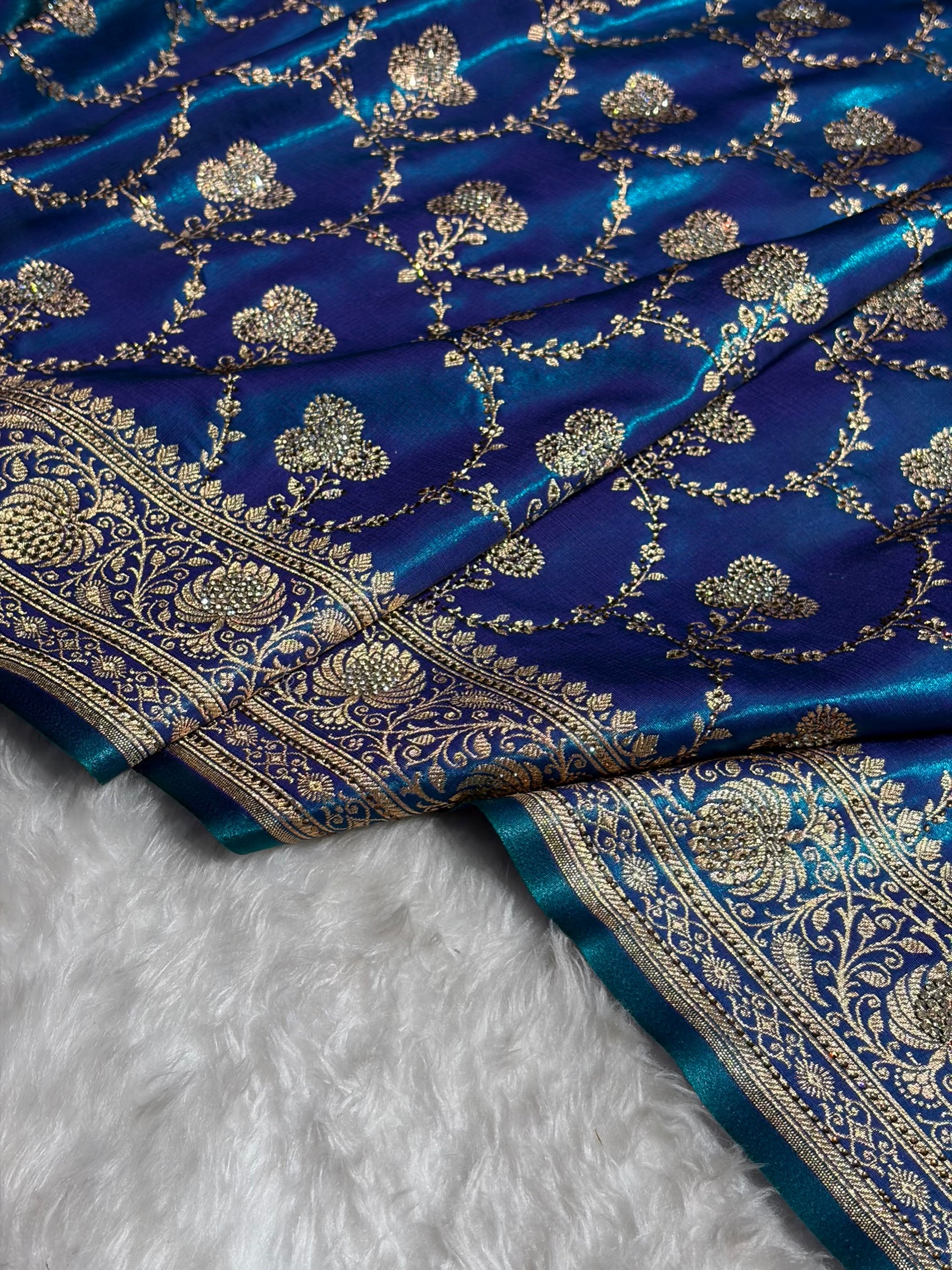 Satin Silk Saree Swarovski Work Jaal in Peacock Blue Shades BSS23 (R)