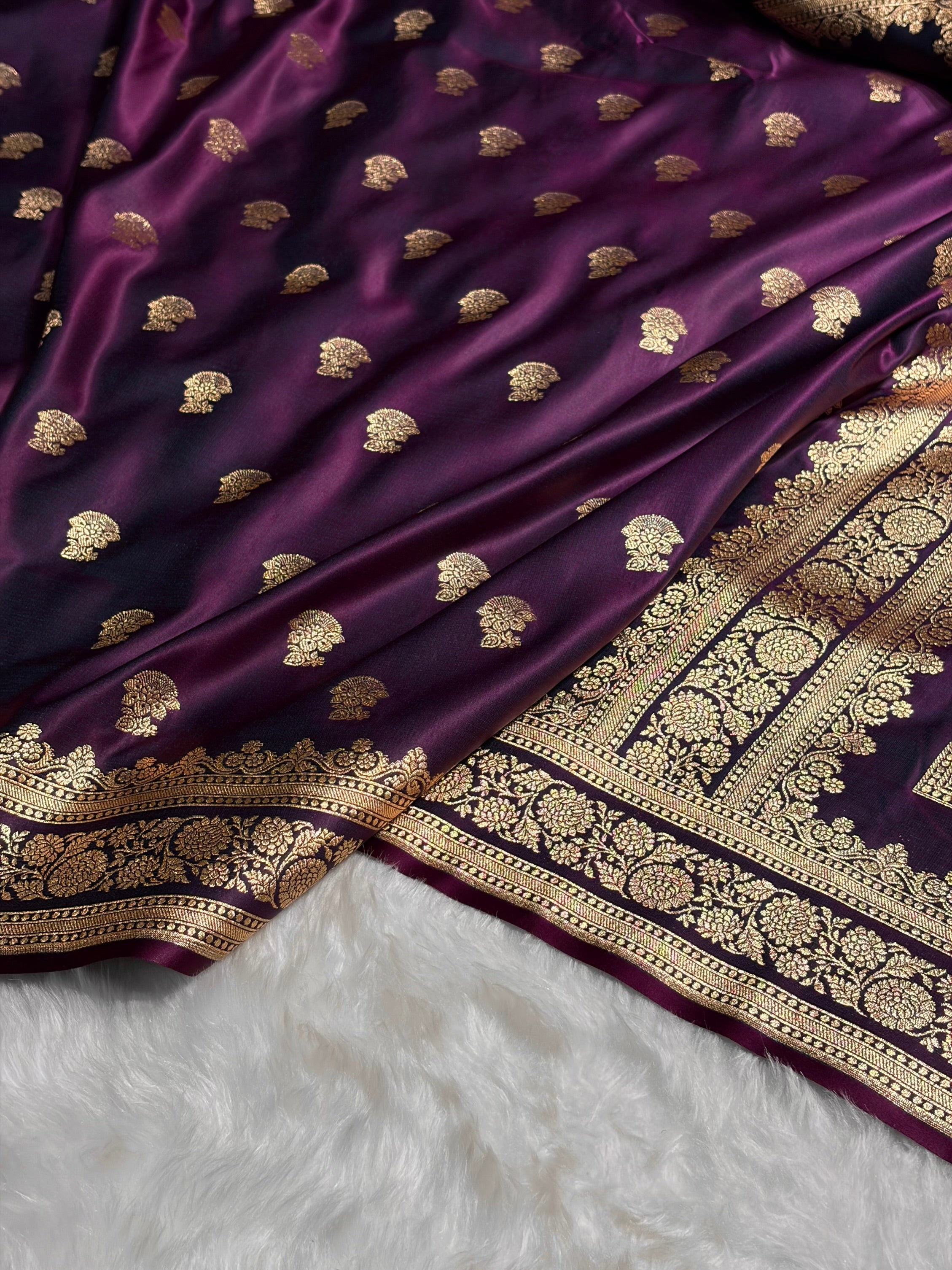 Wine Booti Pattern Satin Katan Silk Saree SK49