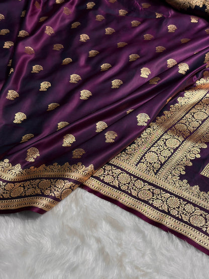 Wine Booti Pattern Satin Katan Silk Saree SK49
