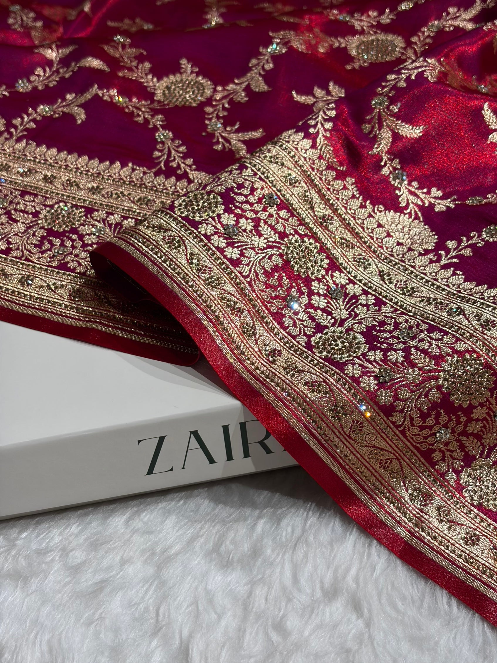 Light Weight Reddish Magenta Satin Silk Saree with Swarovski work BSS14