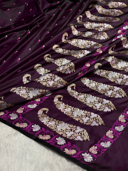 Wine Floral Boota With Floral Border Mashru Silk Saree MSM 78