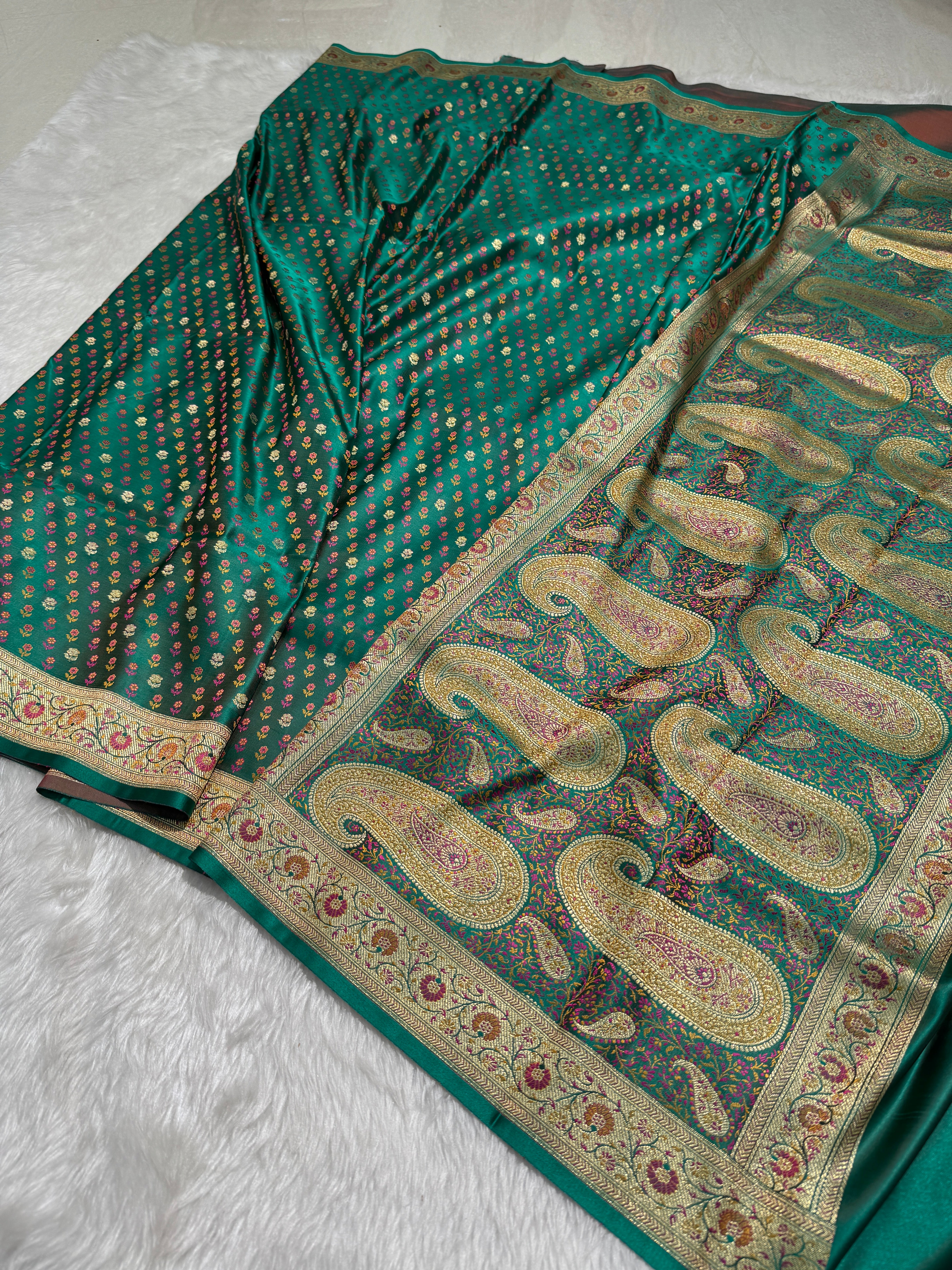 Cross Rama Minakari Tilfi booti Katan Silk Saree