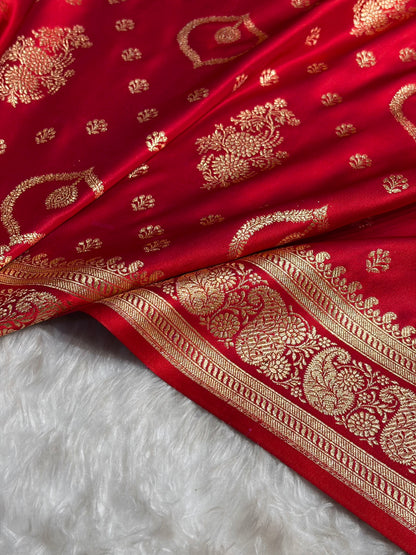 Banarasi Satin Katan Saree With Unique Boota in Red Shades SK92