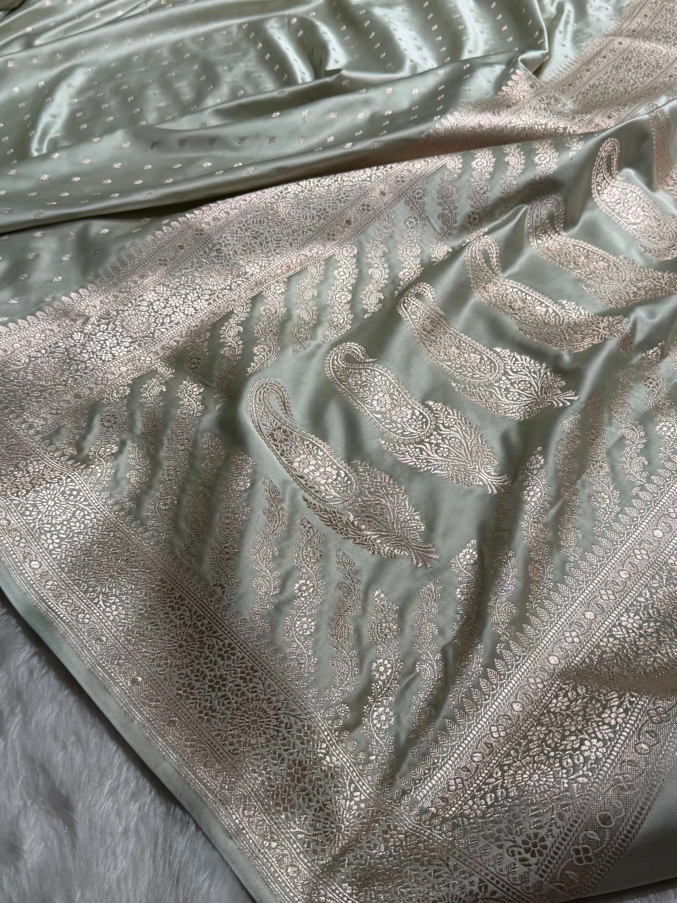 Pastel Pista Shades Banarasi With Floral Booti Pattern Mashru Silk Saree MSM-133