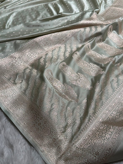 Pastel Pista Shades Banarasi With Floral Booti Pattern Mashru Silk Saree MSM-133