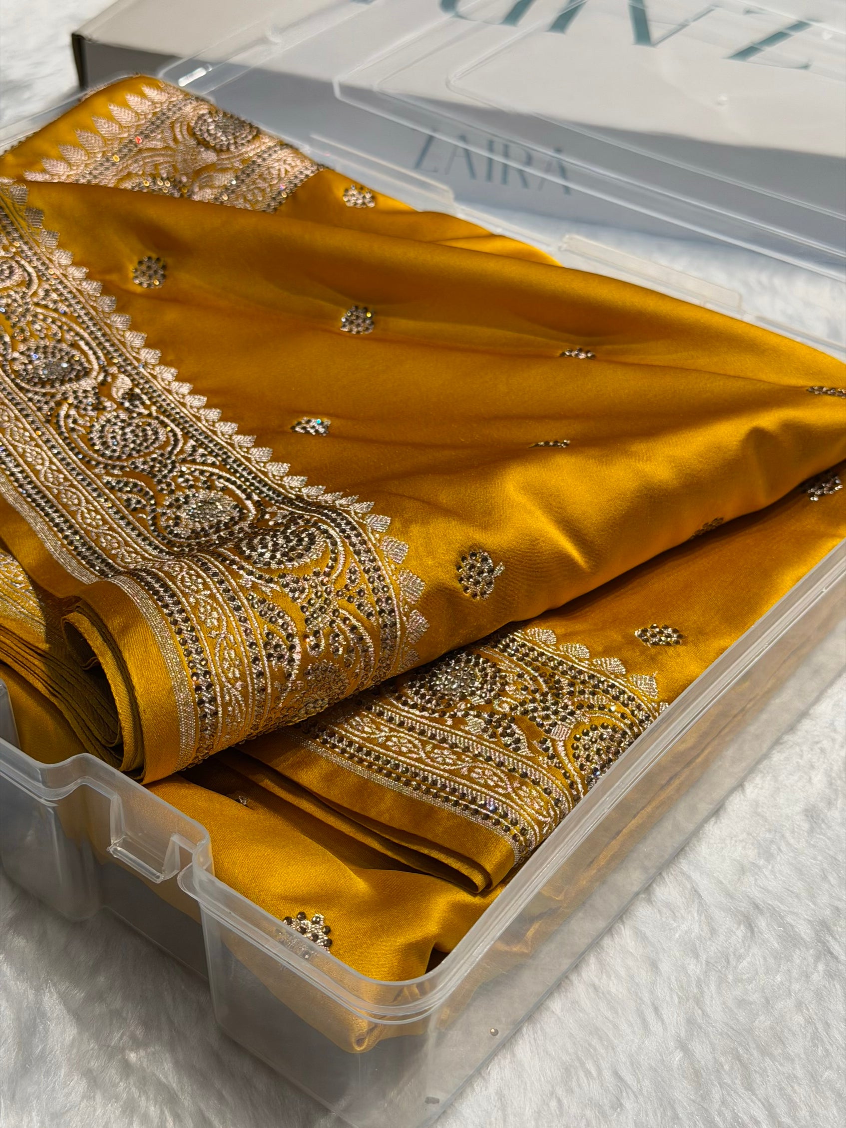 Banarasi Mustard Yellow Shades Booti With Swarovski Stone Work Mashru Silk Saree BMS10