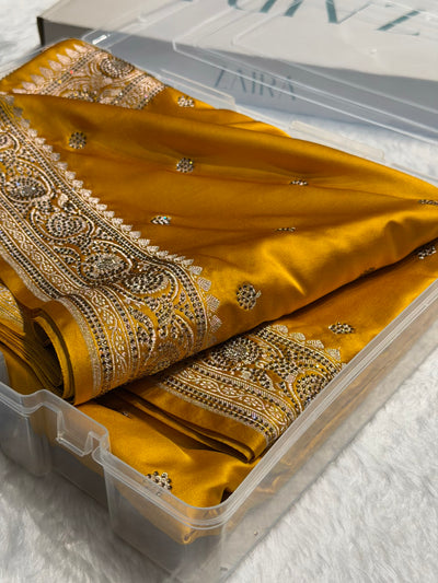 Banarasi Mustard Yellow Shades Booti With Swarovski Stone Work Mashru Silk Saree BMCS10