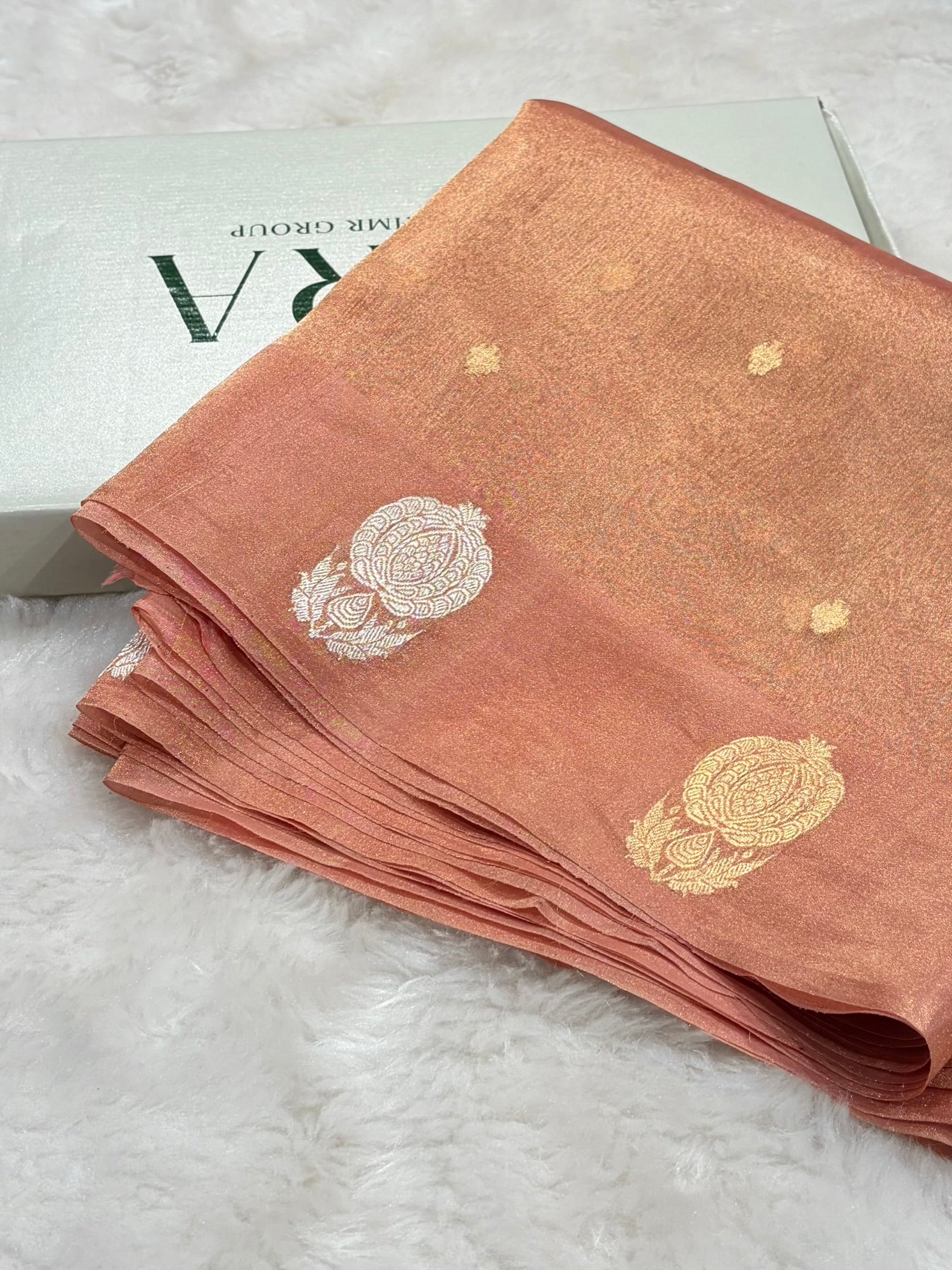Light Peach Bananasi Floral Shades Pure Tissue Silk Saree PT-55